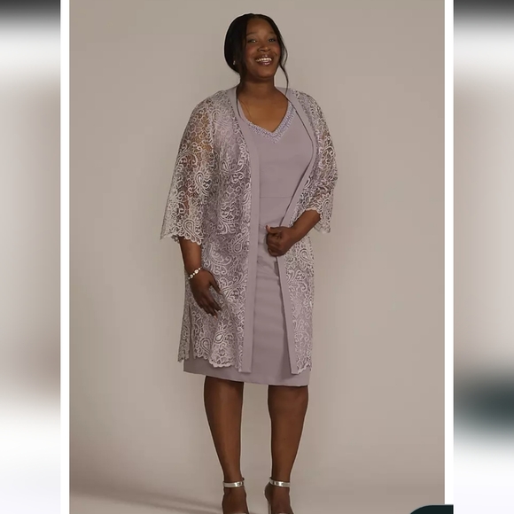 Maya Brooke Dresses & Skirts - Maya Brooke Beaded V-Neck Dress with Sheer Sleeve Jacket Lilac Size 16W NWT